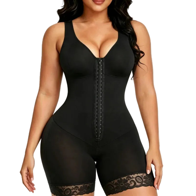 Classic V-Neck Mid-Thigh Shaper with Hook Closure and Sheer Leg Accents