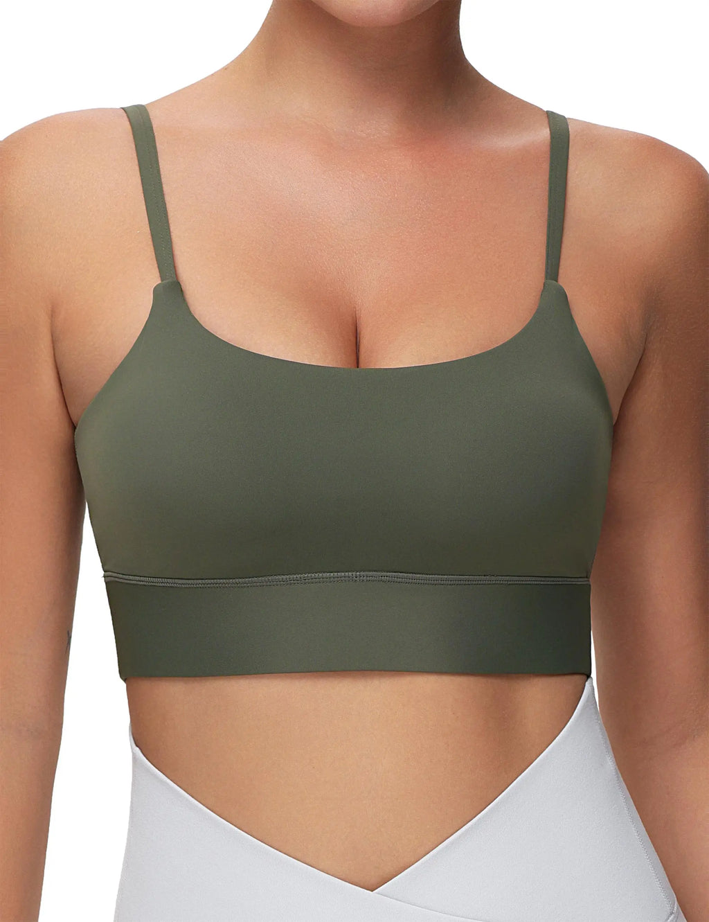 Olive Green Longline Scoop Neck Sports Bra with Adjustable Straps