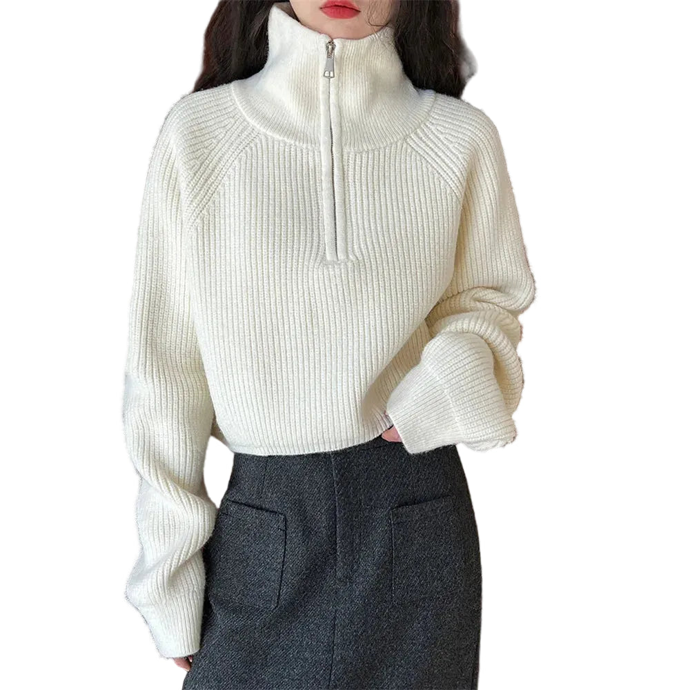 Women's Half Zip High Neck Relaxed Fit Contemporary Knit Sweater