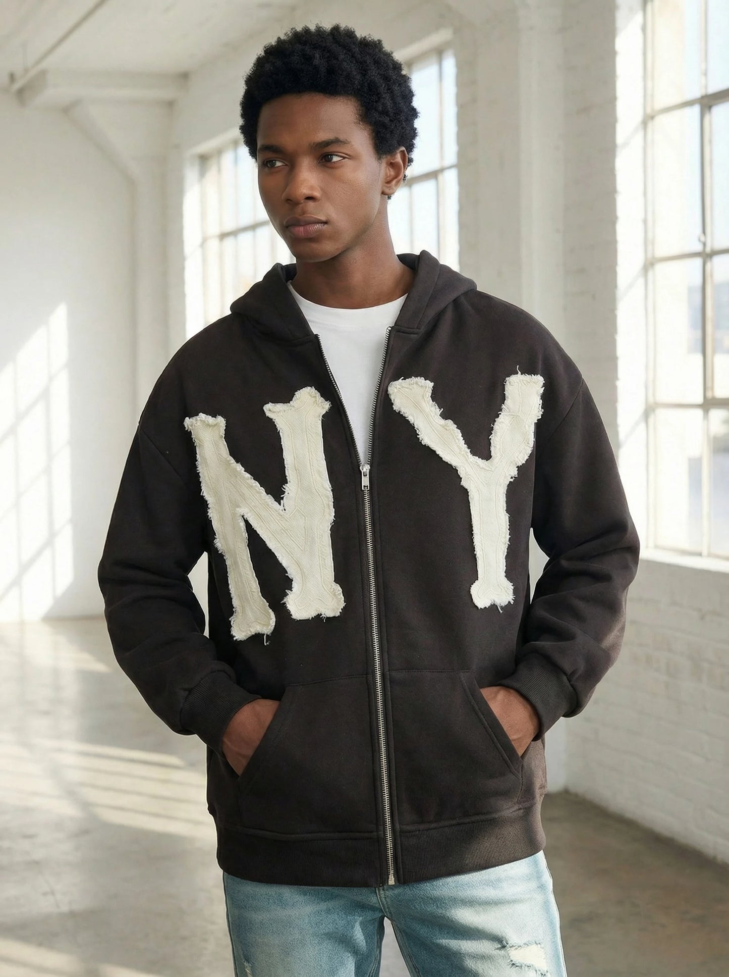 Women's Relaxed Zip-Up Hoodie with Decorative Graphic Streetwear Everyday Layering Style