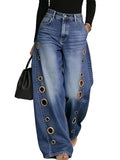 High Waist Wide Leg Denim Jeans with Metal Eyelet Detail Relaxed Streetwear Fit