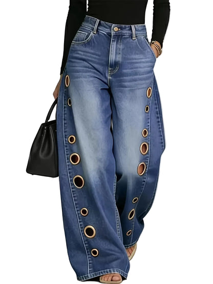 High Waist Wide Leg Denim Jeans with Metal Eyelet Detail Relaxed Streetwear Fit