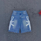 Men's Relaxed Knee Length Distressed Denim Shorts with Graphic Print and Casual Streetwear Fit