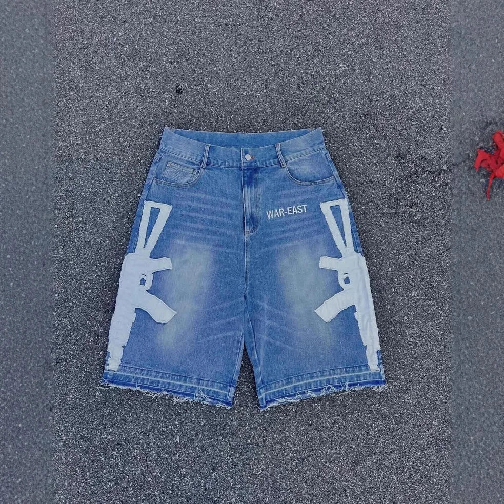 Men's Relaxed Knee Length Distressed Denim Shorts with Graphic Print and Casual Streetwear Fit