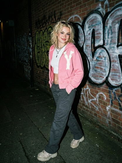 Women's Relaxed Zip-Up Hoodie with Decorative Graphic Streetwear Everyday Layering Style