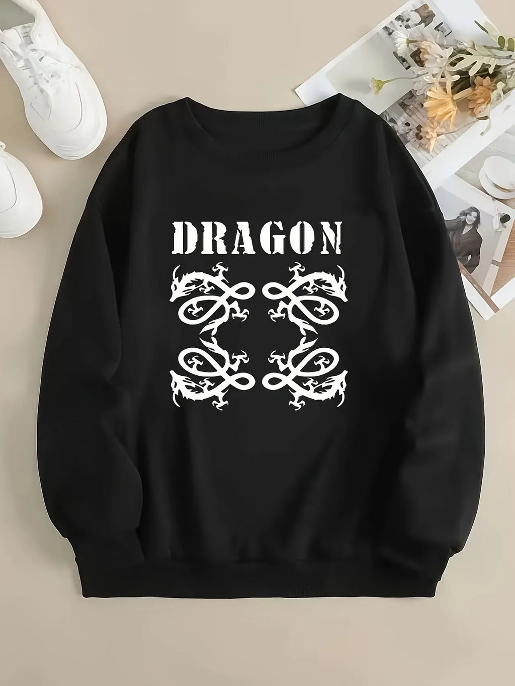 Women's Dragon Inspired Graphic Crew Neck Sweatshirt for Contemporary Casual Streetwear Fashion