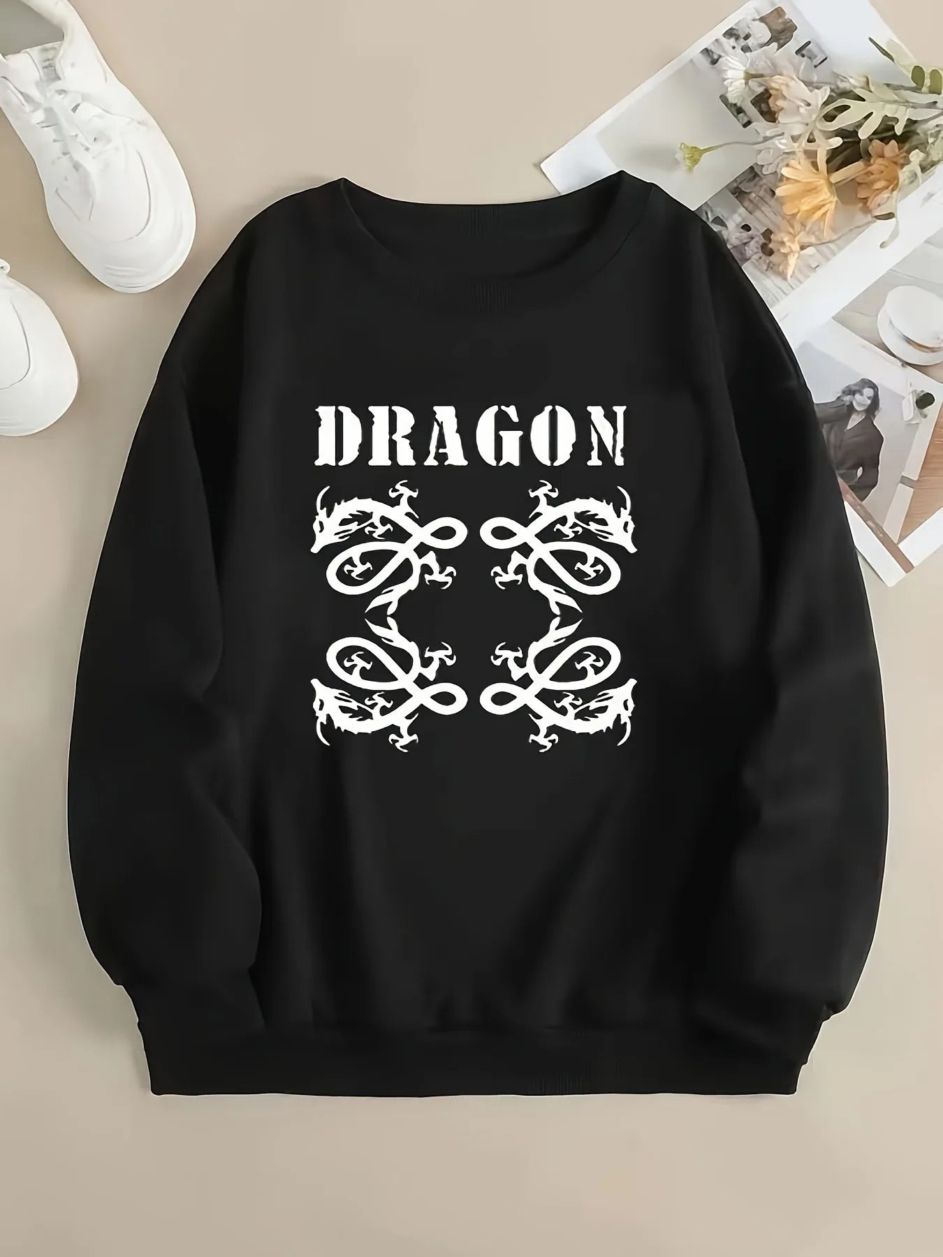 Women's Dragon Inspired Graphic Crew Neck Sweatshirt for Contemporary Casual Streetwear Fashion