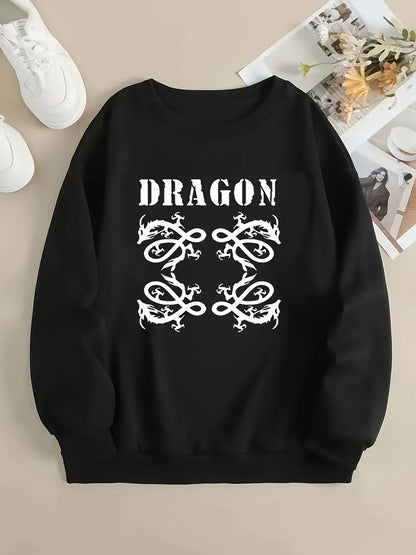 Women's Dragon Inspired Graphic Crew Neck Sweatshirt for Contemporary Casual Streetwear Fashion