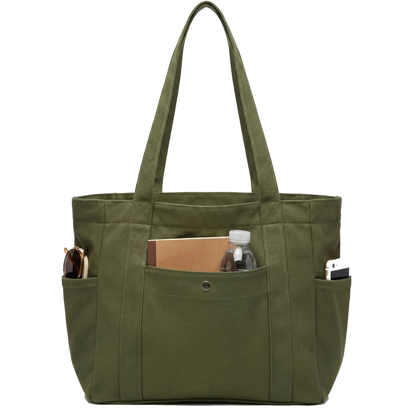 Multi Pocket Canvas Tote Shoulder Bag with Zip Closure Design