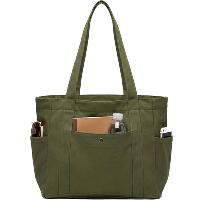 Multi Pocket Canvas Tote Shoulder Bag with Zip Closure Design