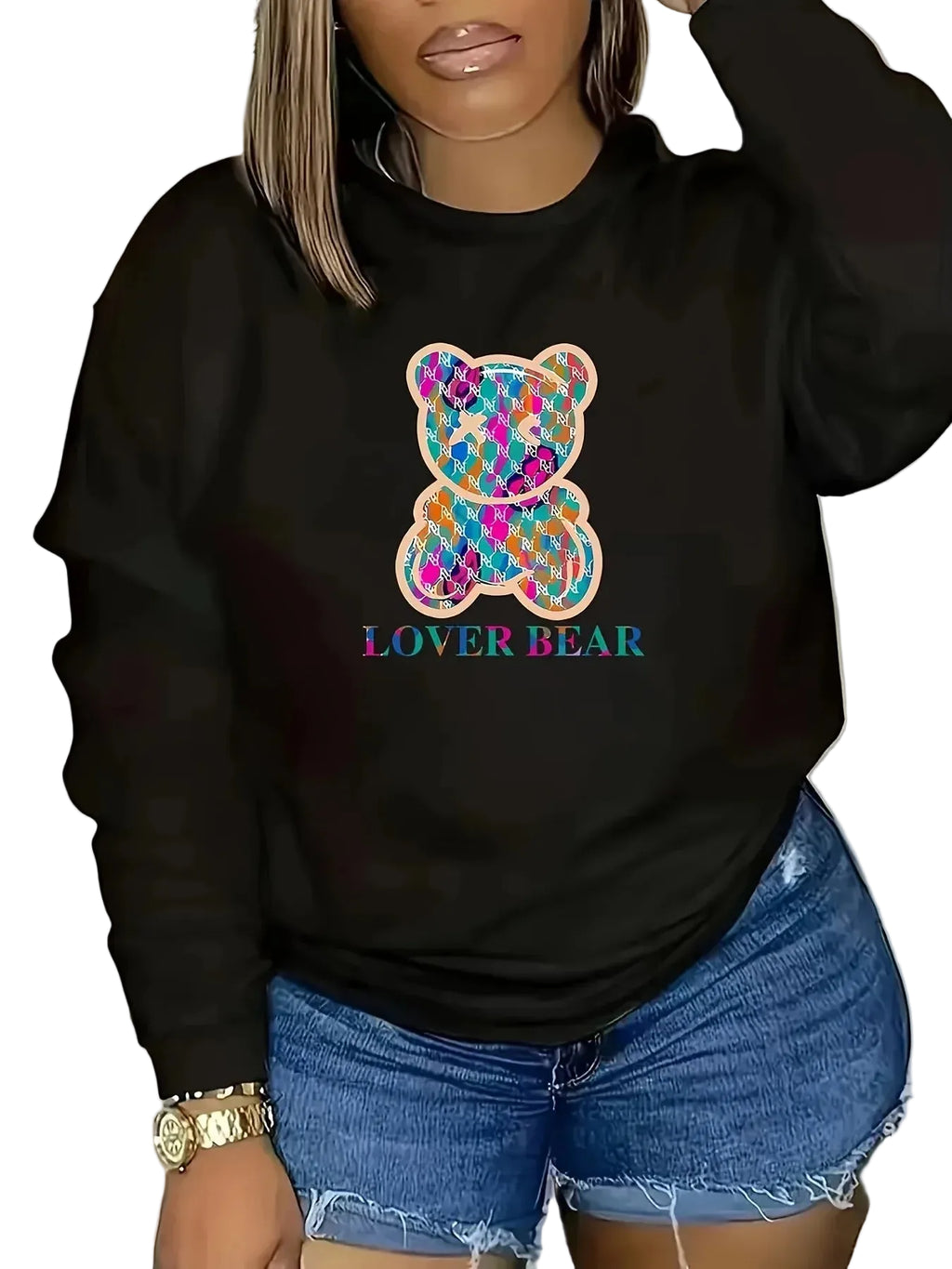 Women's Colorful Bear Graphic Crew Neck Sweatshirt for Casual Everyday Streetwear Style