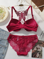 Crimson Red Smooth Underwire Bra Set with Intricate Butterfly Lace Racerback