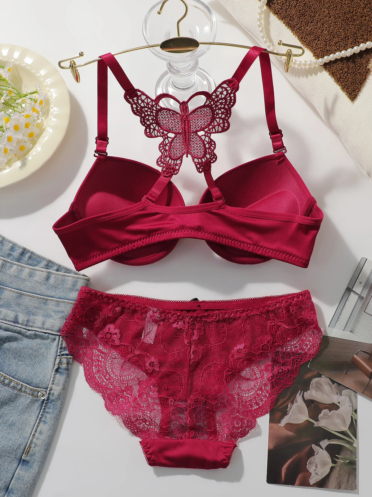 Crimson Red Smooth Underwire Bra Set with Intricate Butterfly Lace Racerback