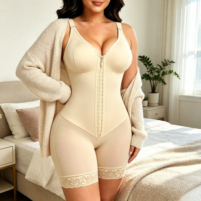 Classic V-Neck Mid-Thigh Shaper with Hook Closure and Sheer Leg Accents