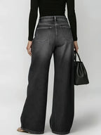 High Waist Wide Leg Denim Jeans with Metal Eyelet Detail Relaxed Streetwear Fit