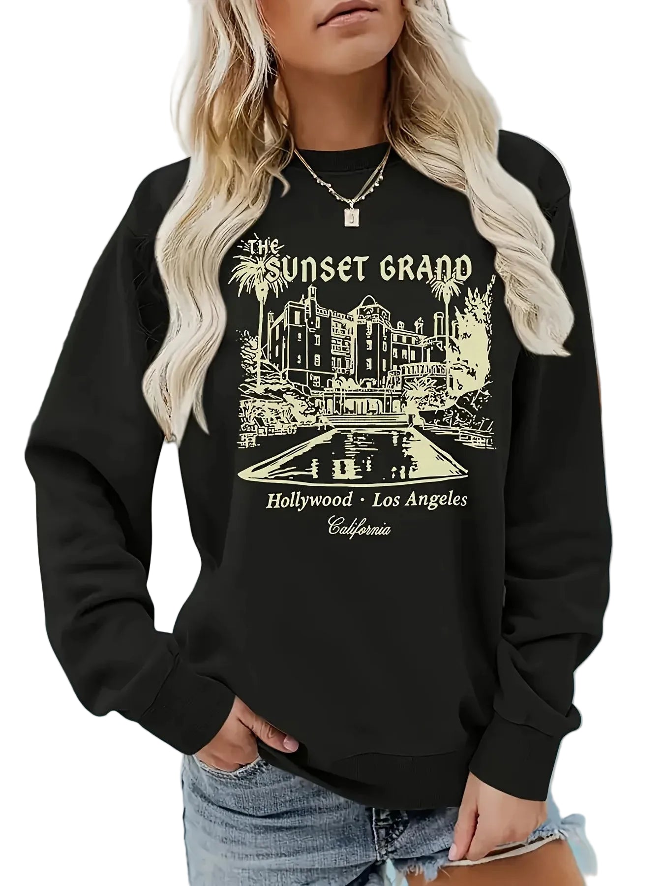 Women's Vintage City Graphic Crew Neck Sweatshirt for Contemporary Casual Streetwear Style