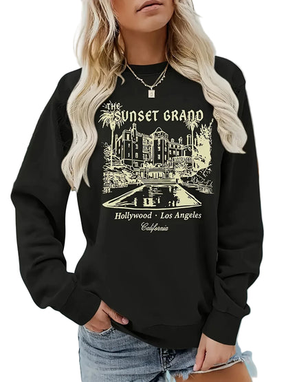 Women's Vintage City Graphic Crew Neck Sweatshirt for Contemporary Casual Streetwear Style