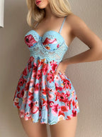 Floral Print Underwire Babydoll Nightgown with Lace Bodice and Flared Skirt