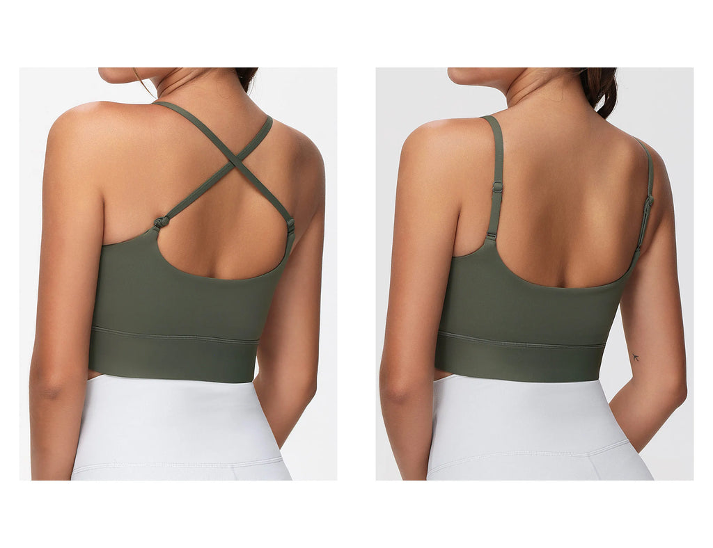 Olive Green Longline Scoop Neck Sports Bra with Adjustable Straps