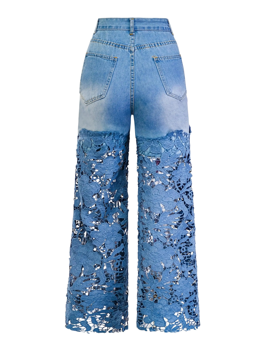 Women's Low-Rise Wide-Leg Denim Jeans with Decorative Lace Panel Details and Relaxed Fit