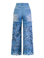 Women's Low-Rise Wide-Leg Denim Jeans with Decorative Lace Panel Details and Relaxed Fit