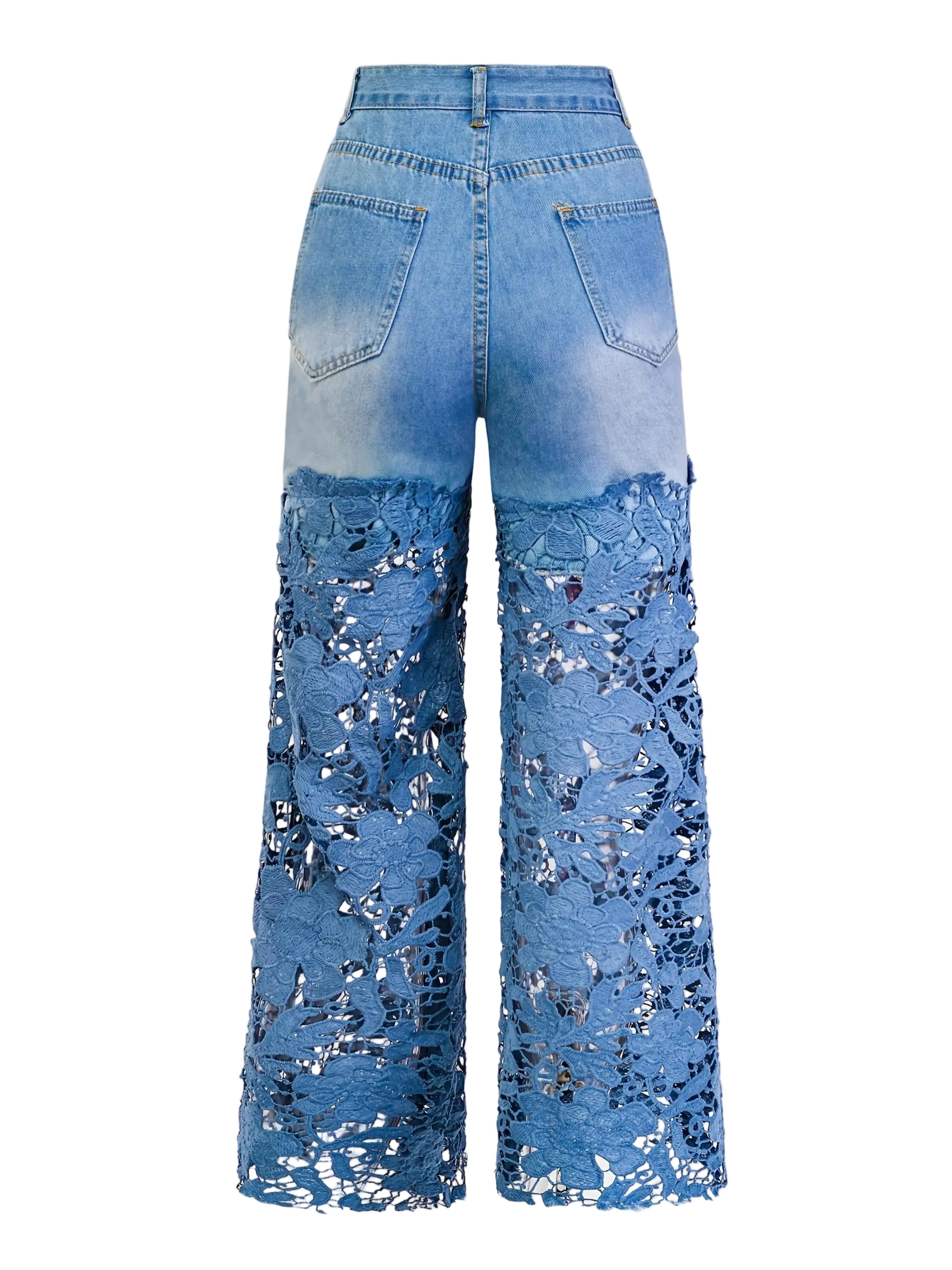 Women's Low-Rise Wide-Leg Denim Jeans with Decorative Lace Panel Details and Relaxed Fit