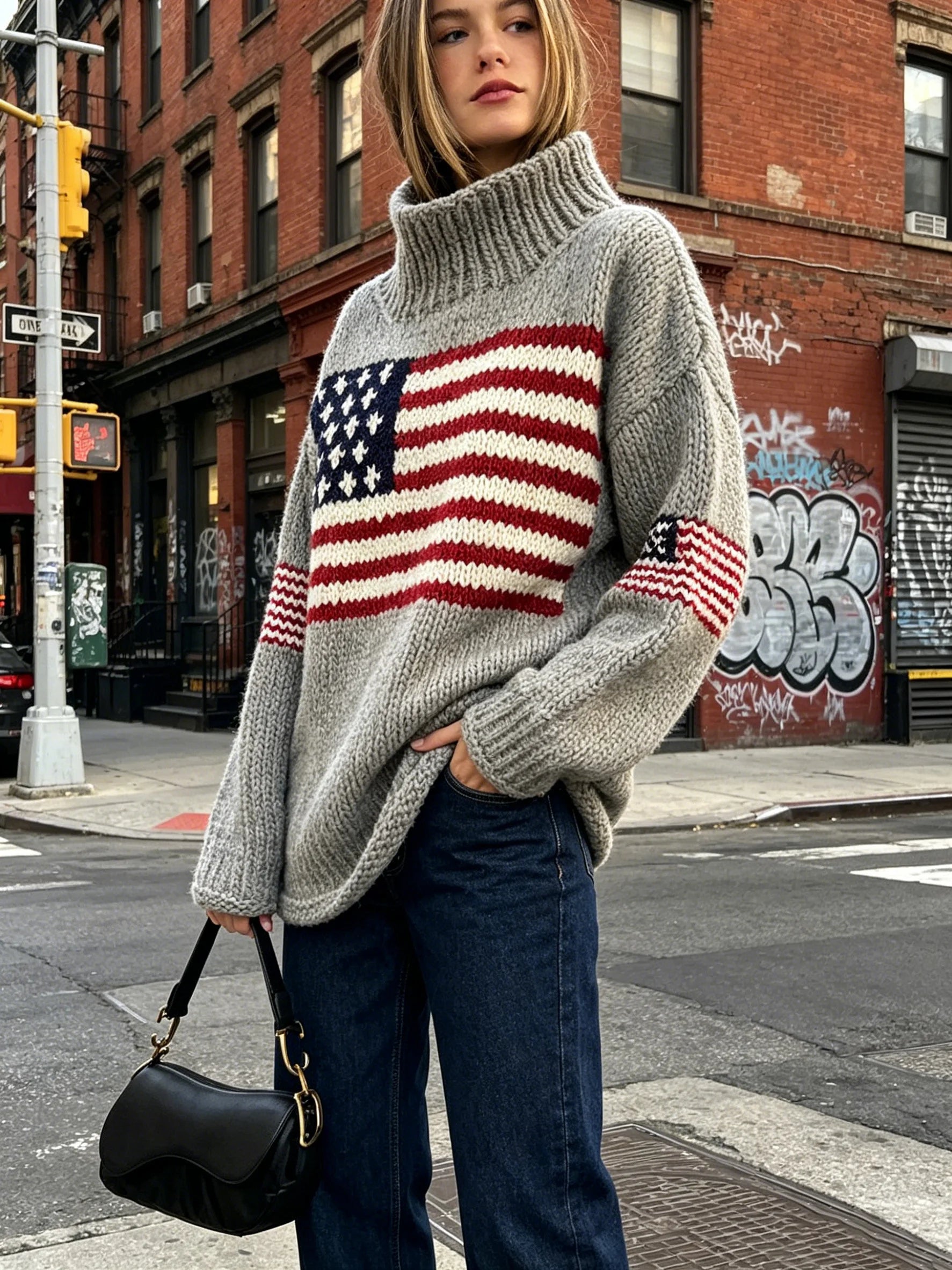 Women's Relaxed Knit Turtleneck Sweater with Vintage Inspired Flag Pattern Casual Winter Knitwear