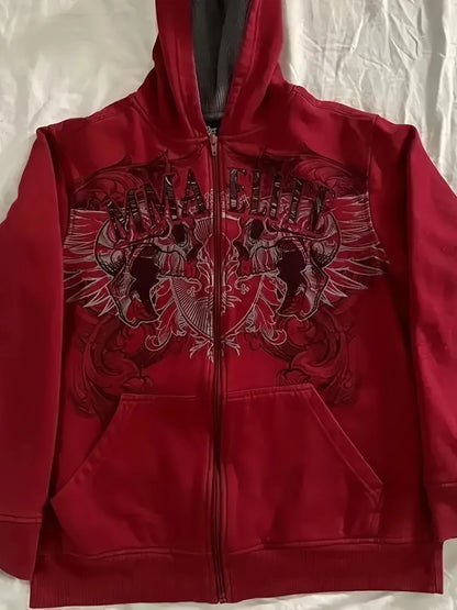 Gothic Graphic Zip-Up Hoodie Inspired by Anime Streetwear Fashion