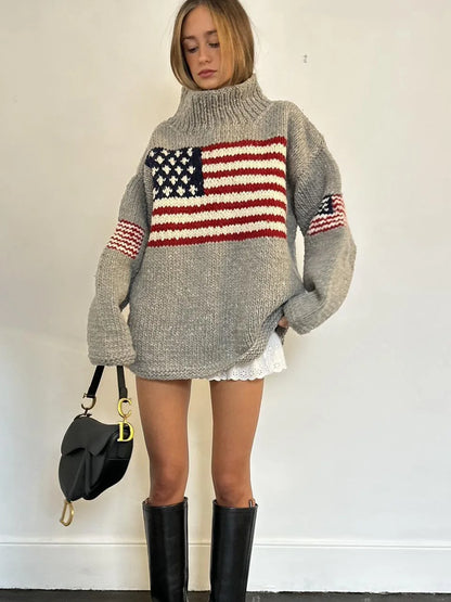 Women's Vintage Graphic Turtleneck Relaxed Knit Sweater With Patchwork Inspired Design