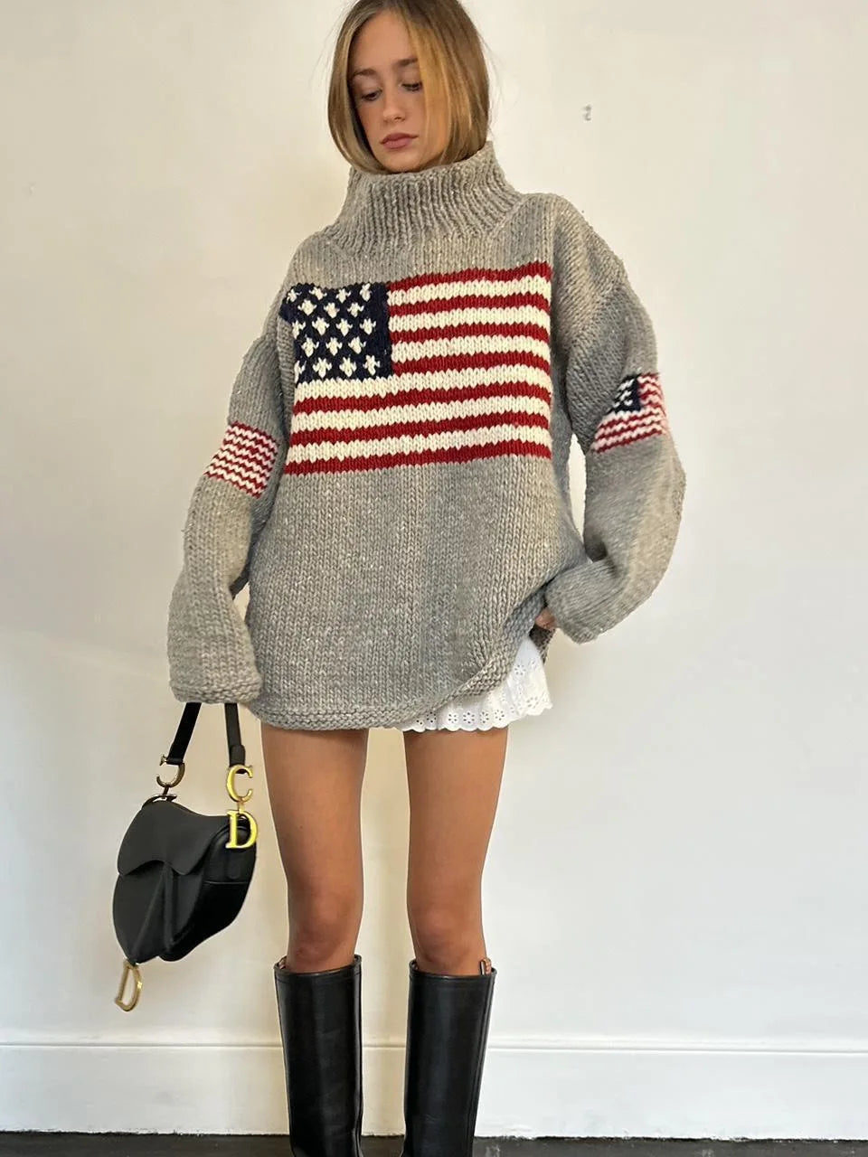 Women's Relaxed Knit Turtleneck Sweater with Vintage Inspired Flag Pattern Casual Winter Knitwear