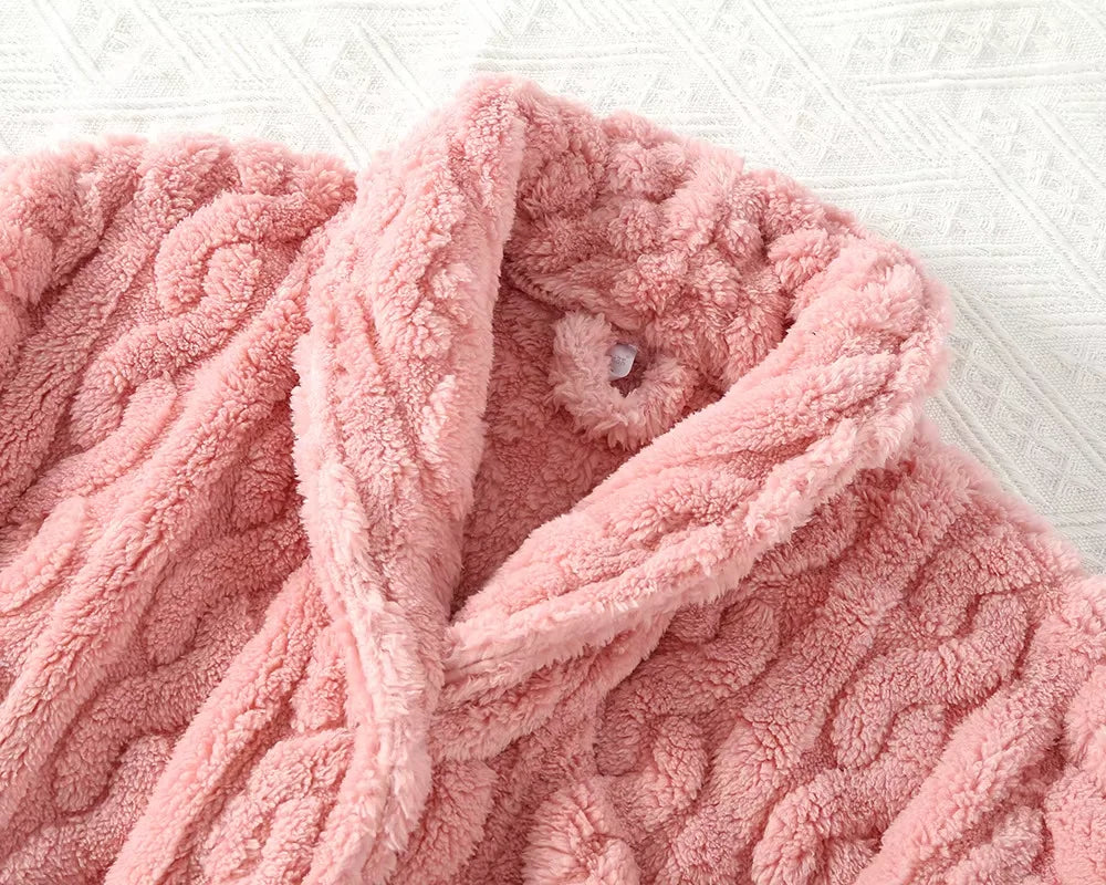 Pink Hooded Plush Robe with Tie Waist, Long Sleeves and Soft-Looking Coral Fleece Finish for Relaxed Homewear