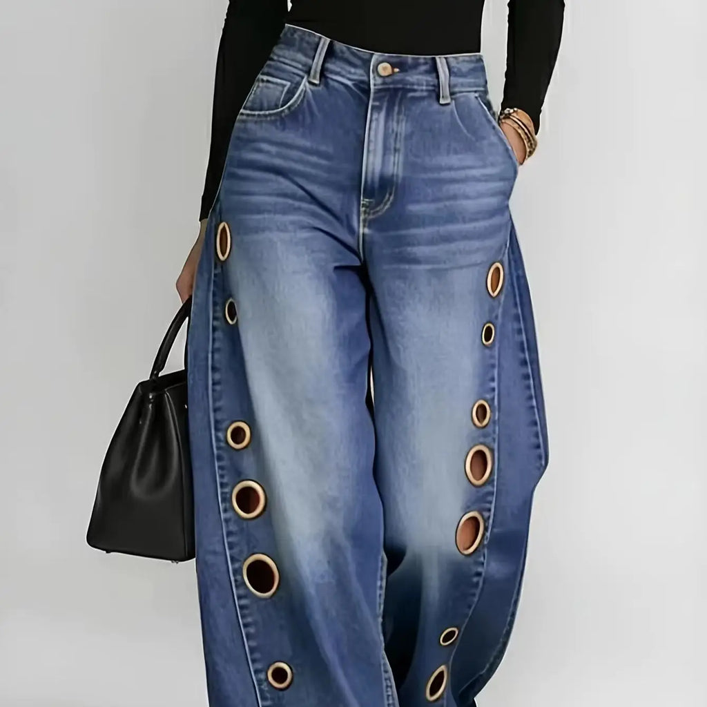 High Waist Wide Leg Denim Jeans with Metal Eyelet Detail Relaxed Streetwear Fit
