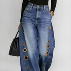 High Waist Wide Leg Denim Jeans with Metal Eyelet Detail Relaxed Streetwear Fit