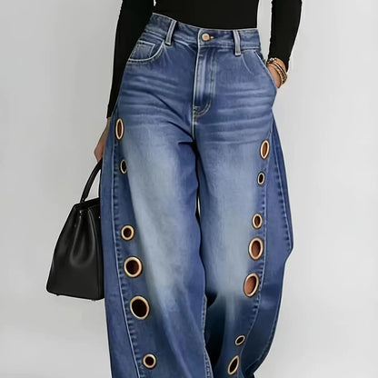 High Waist Wide Leg Denim Jeans with Metal Eyelet Detail Relaxed Streetwear Fit
