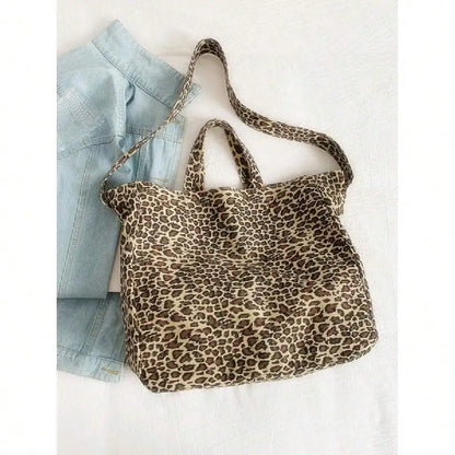 Leopard Print Canvas Tote Shoulder Bag with Minimal Commuter Styling
