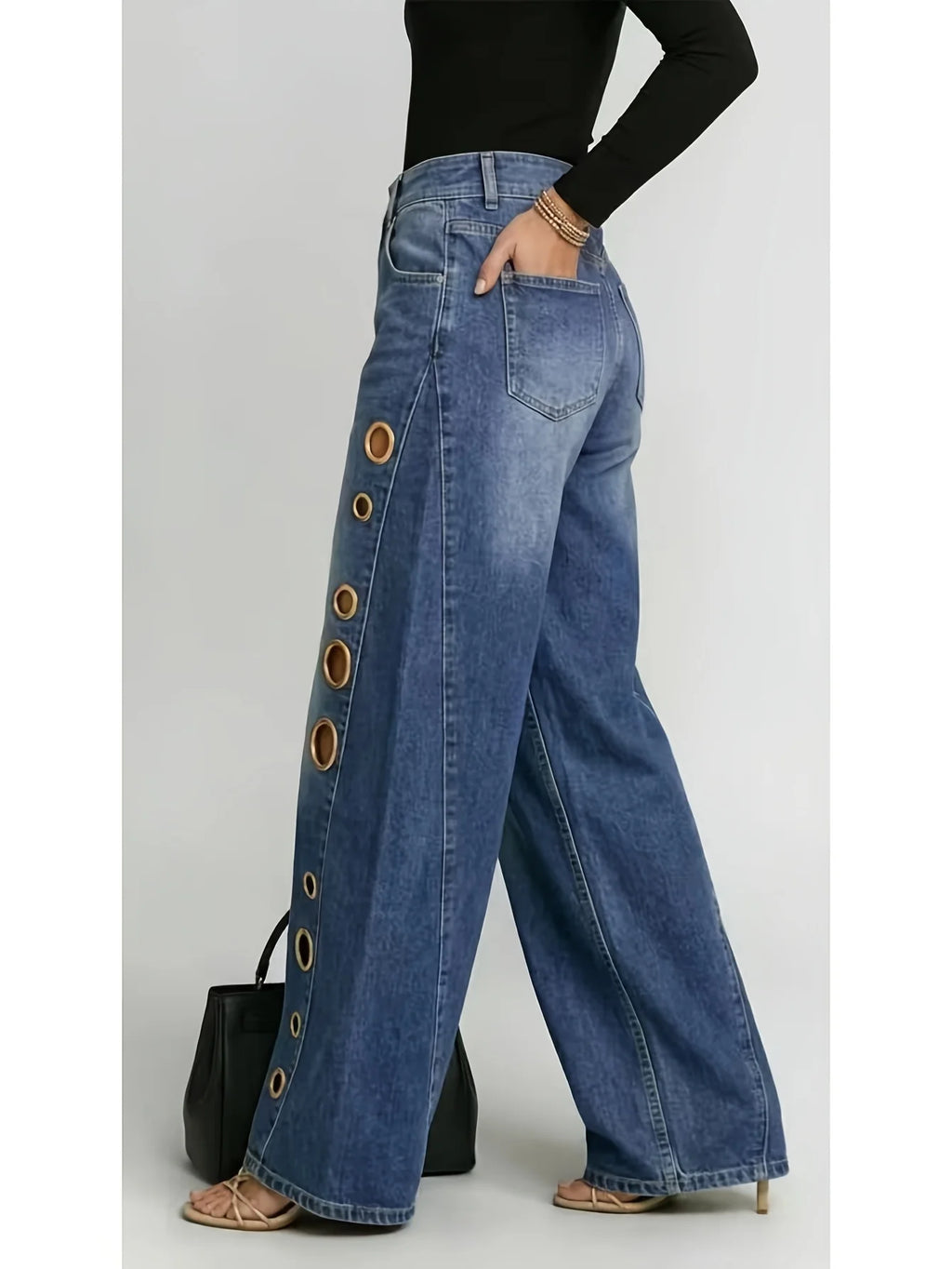 High Waist Wide Leg Denim Jeans with Metal Eyelet Detail Relaxed Streetwear Fit