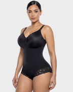 Elegant Zip-Front V-Neck Bodysuit with Lace Hip Detailing