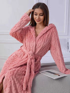 Pink Hooded Plush Robe with Tie Waist, Long Sleeves and Soft-Looking Coral Fleece Finish for Relaxed Homewear