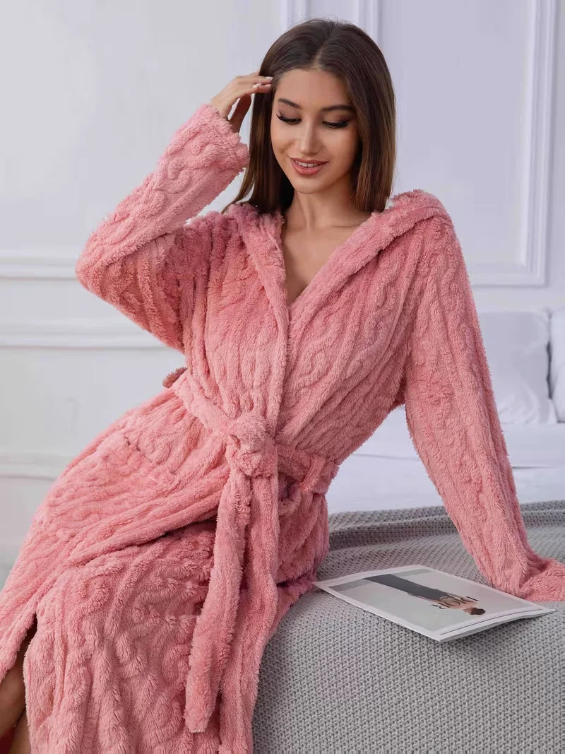 Pink Hooded Plush Robe with Tie Waist, Long Sleeves and Soft-Looking Coral Fleece Finish for Relaxed Homewear