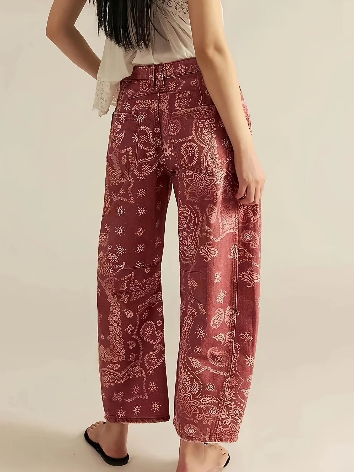 Women's Mid Rise Wide Leg Printed Trousers with Relaxed Casual Festival Inspired Style