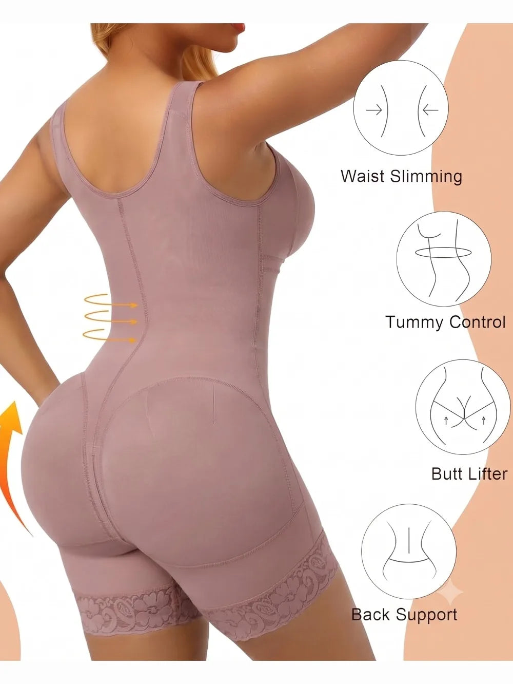 Dusty Rose Mid-Thigh Bodysuit with Front Hook Closure and Sheer Lace Detailing