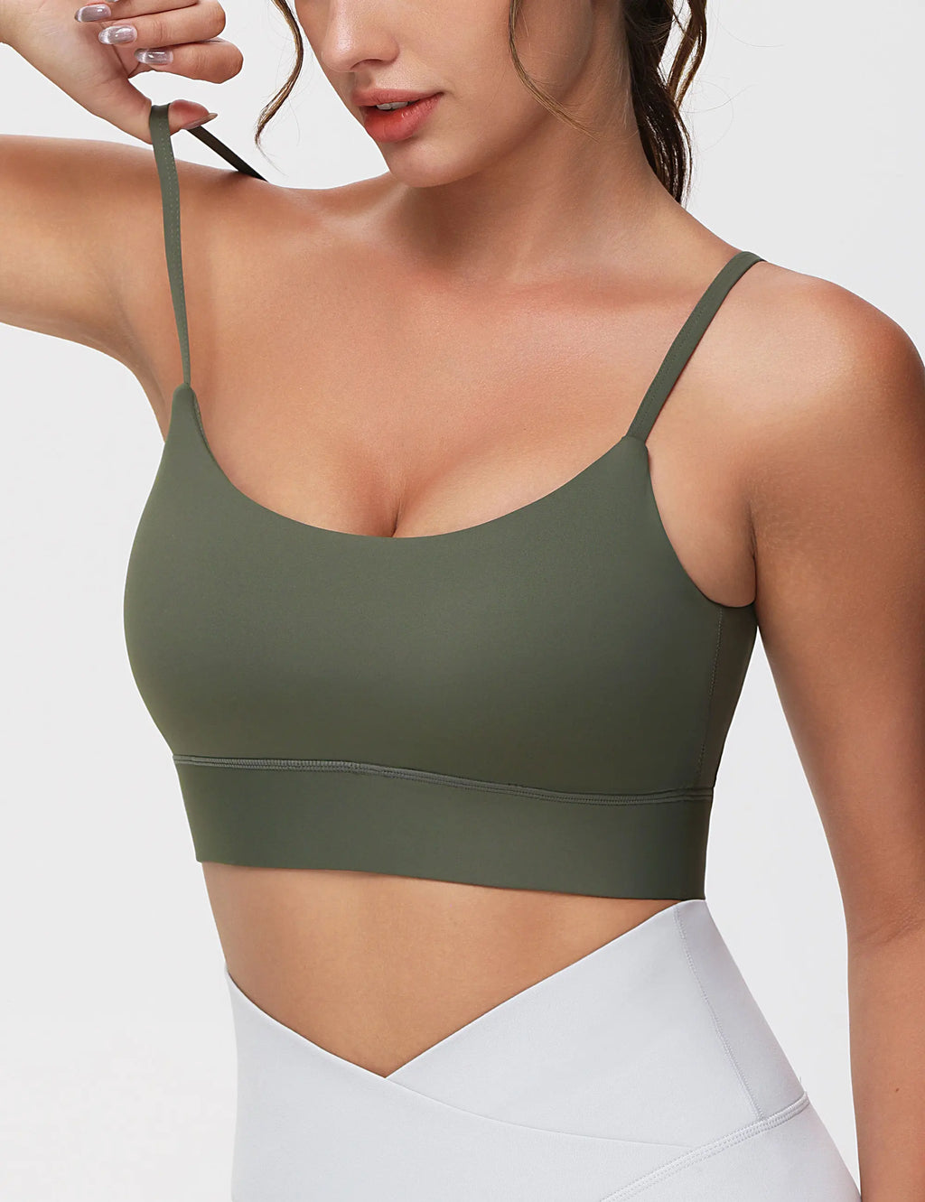 Olive Green Longline Scoop Neck Sports Bra with Adjustable Straps