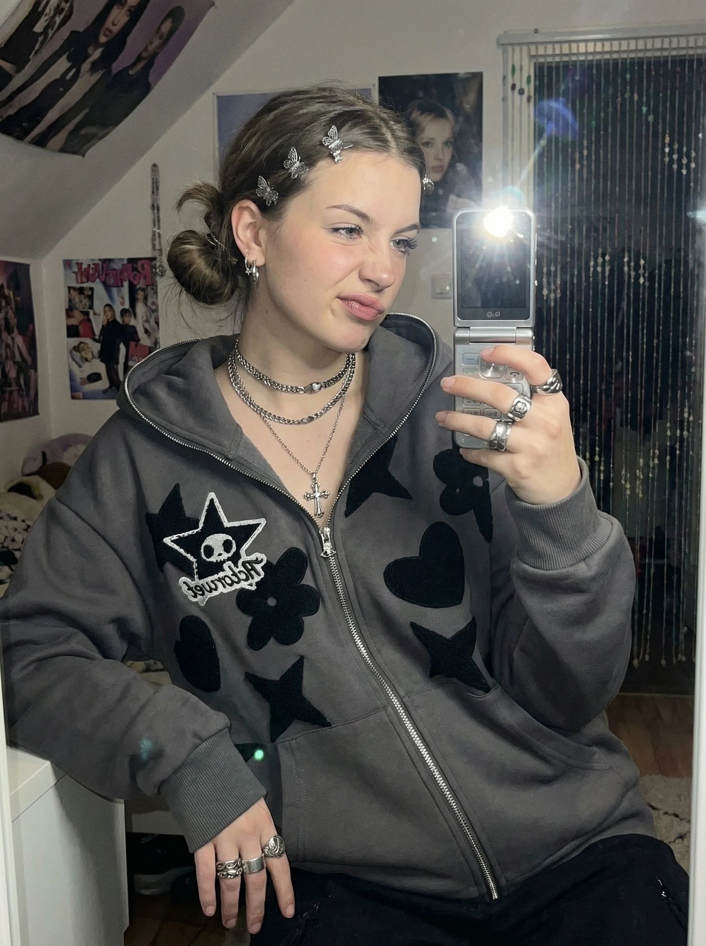 Women's Oversized Zip-Up Hoodie with Embroidered Graphic Streetwear Relaxed Everyday Fit