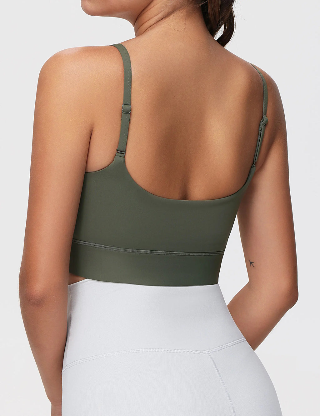 Olive Green Longline Scoop Neck Sports Bra with Adjustable Straps
