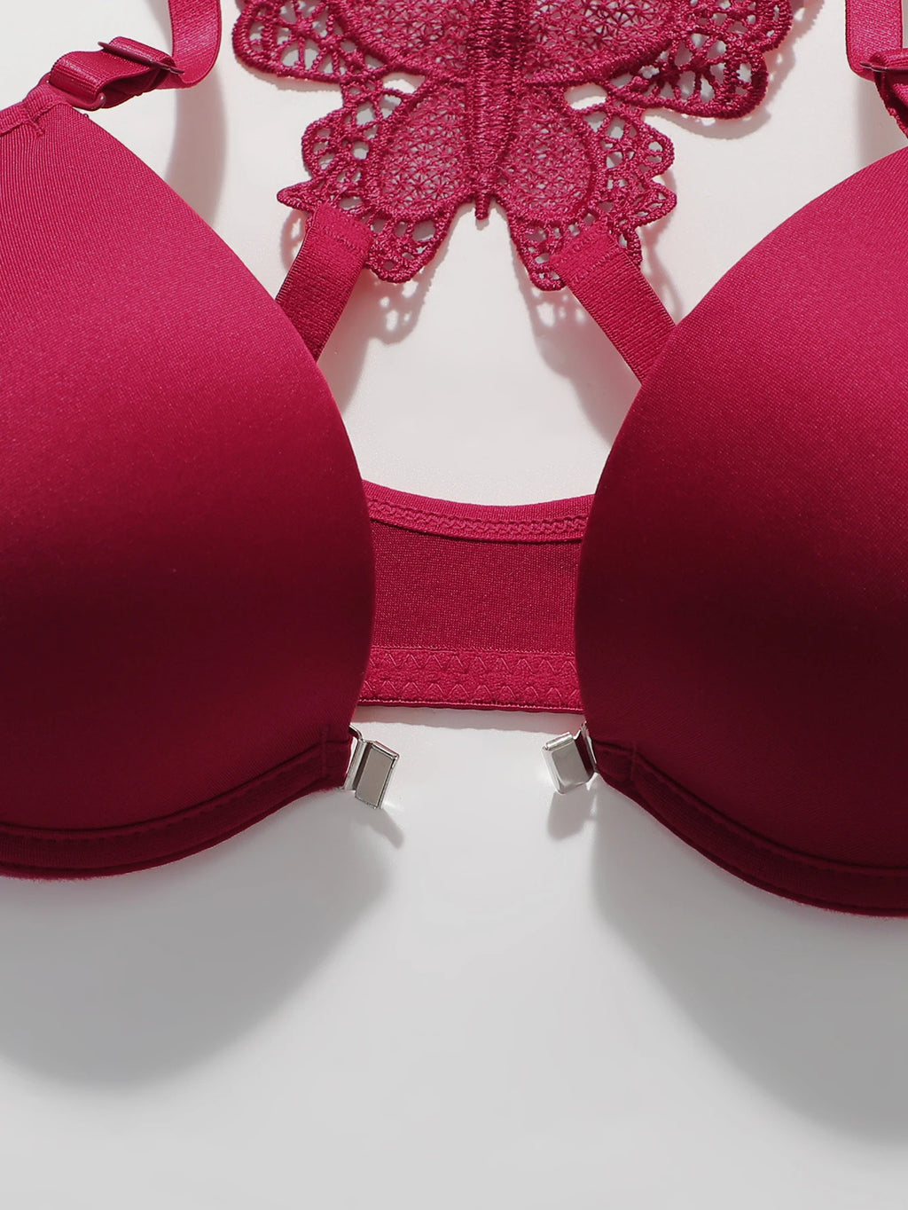 Crimson Red Smooth Underwire Bra Set with Intricate Butterfly Lace Racerback