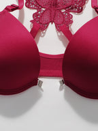 Crimson Red Smooth Underwire Bra Set with Intricate Butterfly Lace Racerback