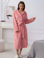 Pink Hooded Plush Robe with Tie Waist, Long Sleeves and Soft-Looking Coral Fleece Finish for Relaxed Homewear