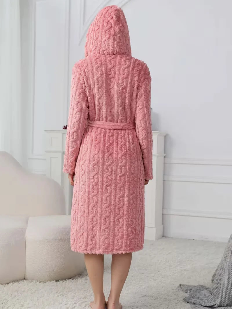 Pink Hooded Plush Robe with Tie Waist, Long Sleeves and Soft-Looking Coral Fleece Finish for Relaxed Homewear