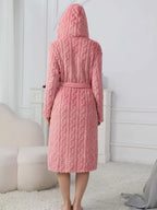 Pink Hooded Plush Robe with Tie Waist, Long Sleeves and Soft-Looking Coral Fleece Finish for Relaxed Homewear