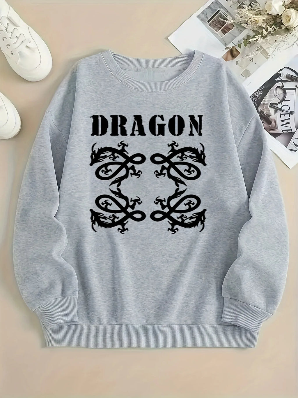 Women's Dragon Inspired Graphic Crew Neck Sweatshirt for Contemporary Casual Streetwear Fashion